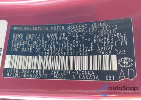 2015 Toyota Corolla Le from USA, damaged, VIN 2T1BURHE5FC347503